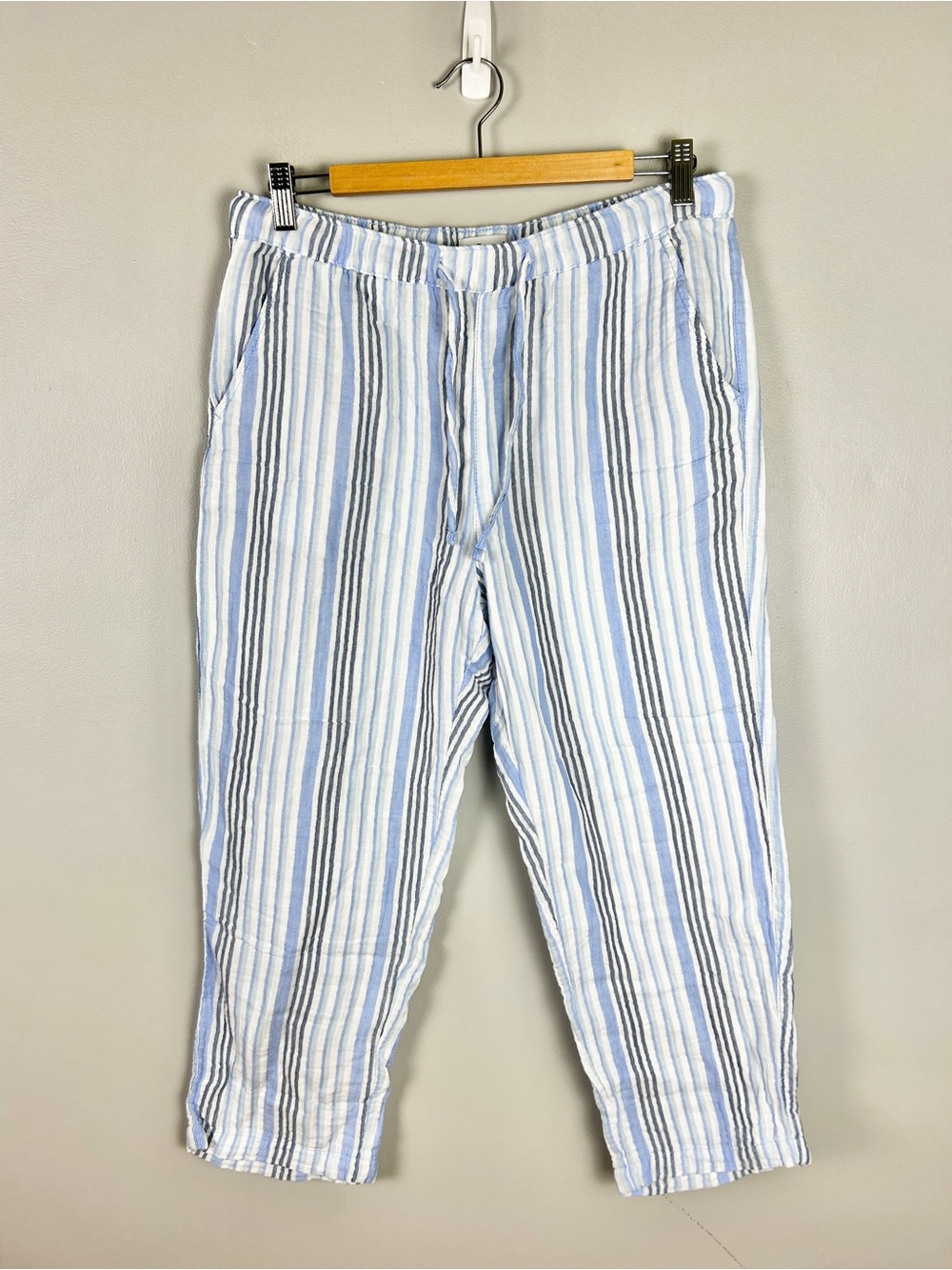 DASH Gauzy Cotton Pants Blue White Stripe Size Medium Coastal Cropped Breathable - Picture 2 of 4